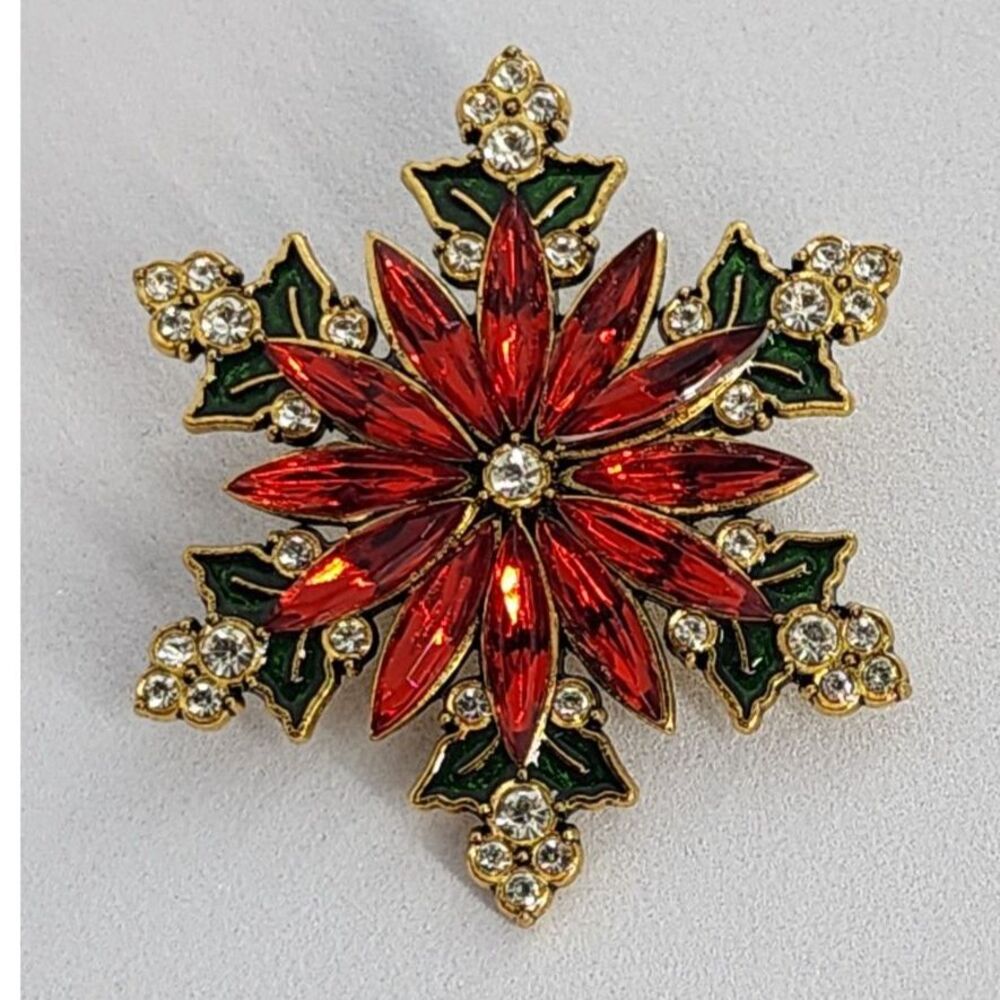 Poinsettia Snowflake Brooch Christmas Winter Faux Jewel and Rhinestone Smaller